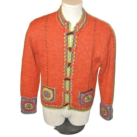 Icelandic Cardigan With Beading and Horn Style Buttons  Alpaca Wool Blend Sx L - Picture 1 of 10